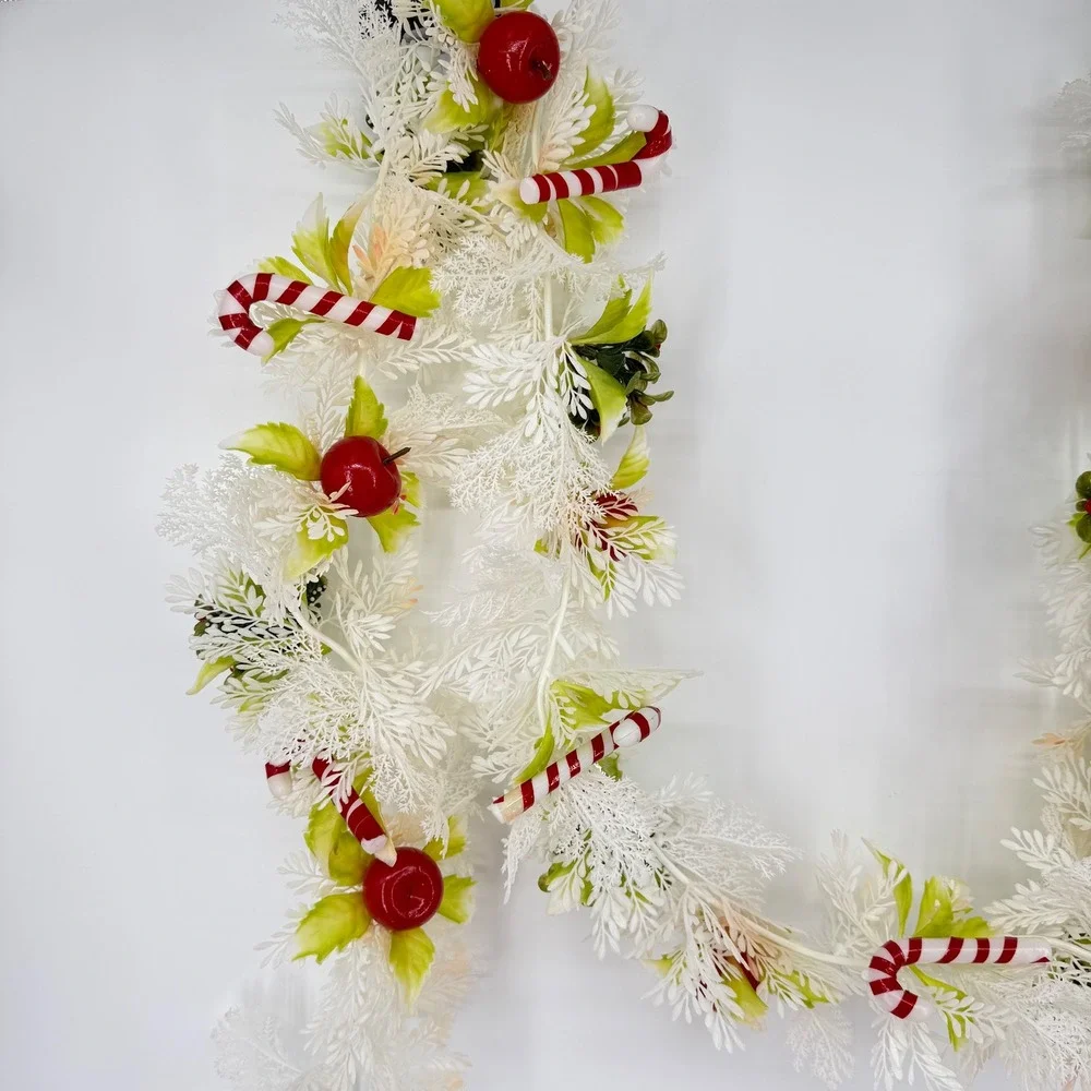 VTG 60's White‎ Plastic Christmas Garland Candy Cane Apples Holiday Decor 8.5 ft